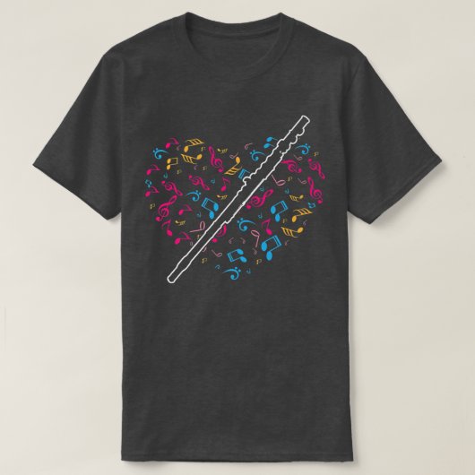 Heart Music Notes Flute  Tシャツ (デザイン正面)