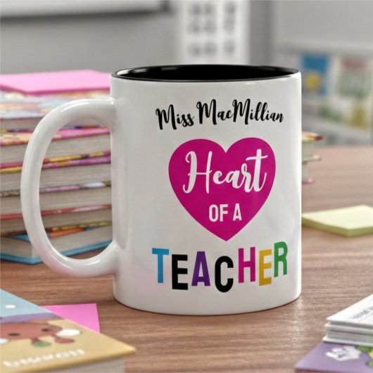 Heart of a Teacher Gift Pink Black Script ツートーンマグカップ