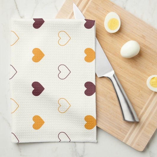 Heart Pattern with Orange & Brown Hearts キッチンタオル (四つ折り)