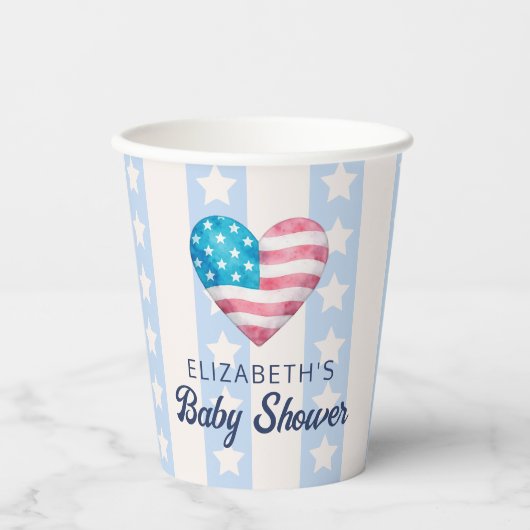 Heart & Pink Stars Stripes Boy Baby Shower 紙コップ (正面)