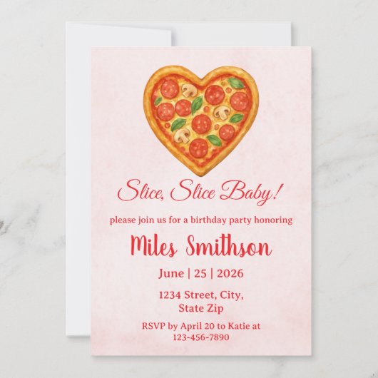 Heart Pizza Birthday Invitation | Red Checkered 招待状 (正面)