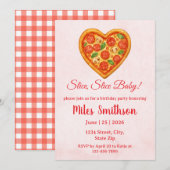 Heart Pizza Birthday Invitation | Red Checkered 招待状 (正面/裏面)