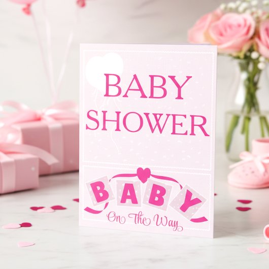 Heart Ribbon Bright Pink Baby Shower Invitation 招待状