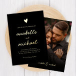 Heart & Romantic Modern Script Photo Wedding Gold 箔招待状<br><div class="desc">Surprise your friends & family with this elegant invitation,  featuring gold foil heart and names,  custom darkened photo & text. Easily add your details by clicking on the "personalize" option.</div>