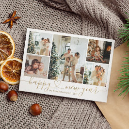 Heart Script Gold Happy New Year 5 Photo Holiday シーズンカード