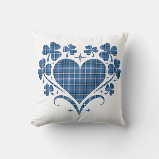Heart Shamrock Plaid Blue Classic Clover クッション (正面)