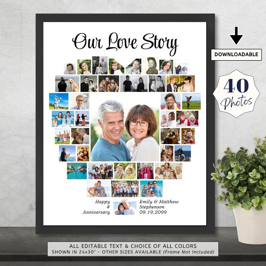 Heart Shape 40 Photo Collage Our Love Story Custom フォトプリント