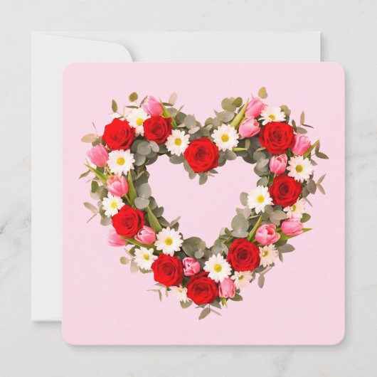 Heart Shaped Floral Wreath Roses Daisies Tulips シーズンカード (正面)