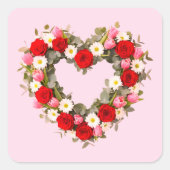 Heart Shaped Floral Wreath Roses Daisies Tulips スクエアシール (正面)