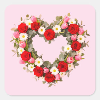 Heart Shaped Floral Wreath Roses Daisies Tulips スクエアシール