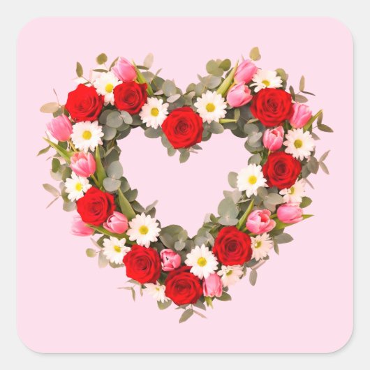 Heart Shaped Floral Wreath Roses Daisies Tulips スクエアシール (正面)
