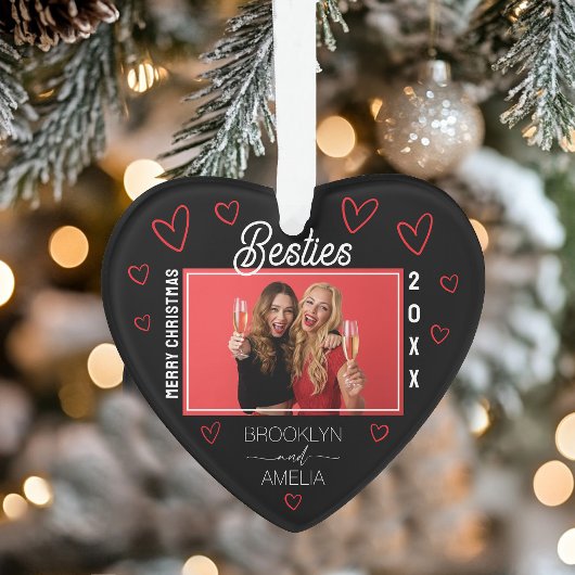 Heart Shaped Photo Black and Red Besties Christmas オーナメント