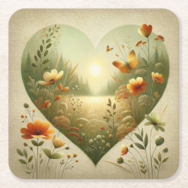 Heart Shaped Wildflower Meadow Botanical Nature スクエアペーパーコースター