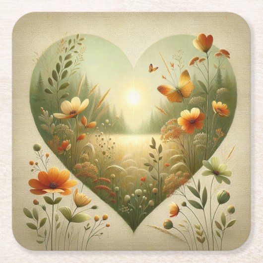Heart Shaped Wildflower Meadow Botanical Nature スクエアペーパーコースター (正面)