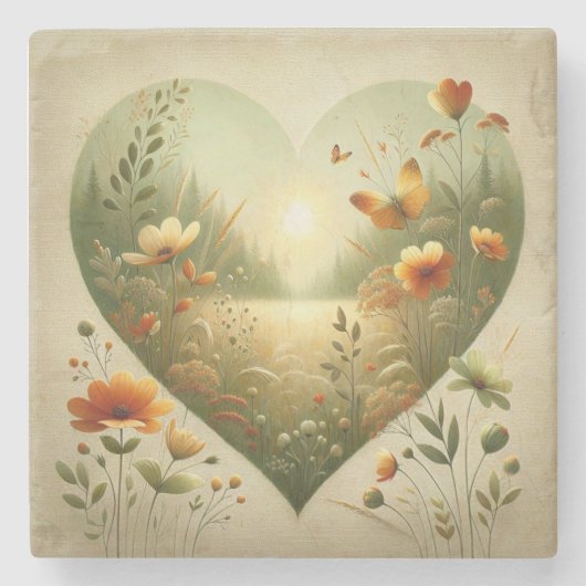 Heart Shaped Wildflower Meadow Botanical Nature  ストーンコースター (正面)