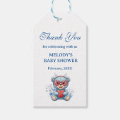 Heart Teddy Bear Blue Baby Shower Thank You ギフトタグ (正面)