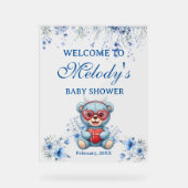 Heart Teddy Bear Blue Baby Shower Welcome アクリルサイン (正面)