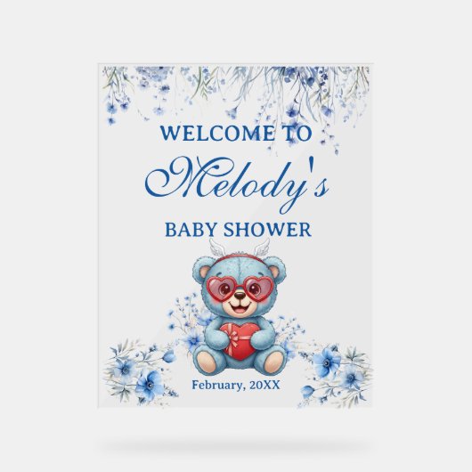 Heart Teddy Bear Blue Baby Shower Welcome アクリルサイン (正面)