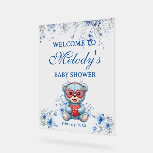 Heart Teddy Bear Blue Baby Shower Welcome アクリルサイン (傾斜)