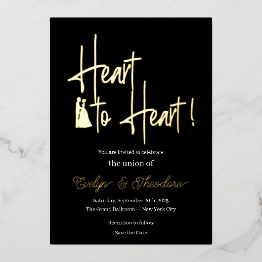 Heart to Heart Gold & White Foil Engagement Invita 箔招待状 (正面)
