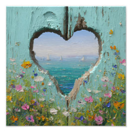 Heart Window Coastal Wildflower Sailboat Painting フォトプリント
