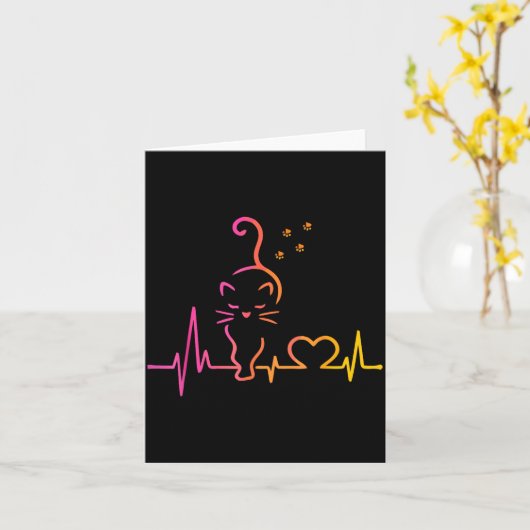 Heartbeat Cat Lover Animal Silhouette Cute Cat カード (黄色い花)