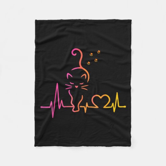 Heartbeat Cat Lover Animal Silhouette Cute Cat  フリースブランケット (正面)