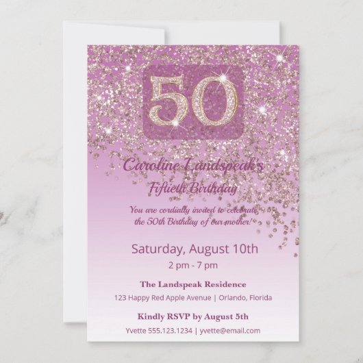 Heartfelt 50th Birthday Rose Gold Glitter  招待状 (正面)