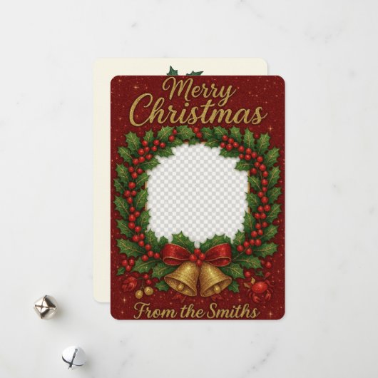 Heartfelt Glittering Wreath Family Photo Christmas シーズンカード (正面/裏面インサイチュ)