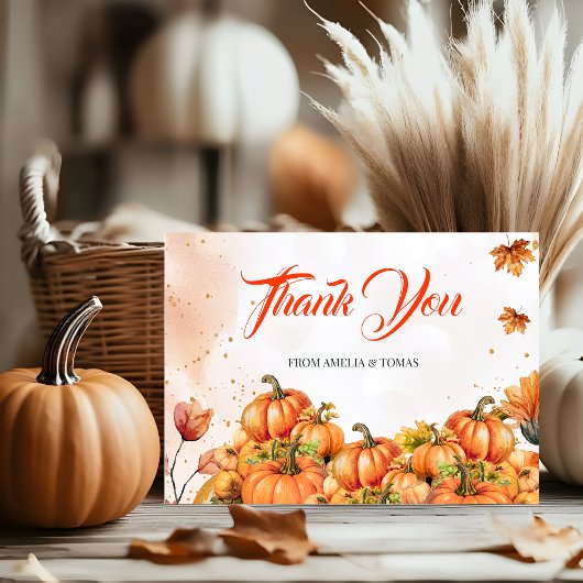 Heartfelt Gold Orange Watercolor Pumpkin Fall Baby サンキューカード