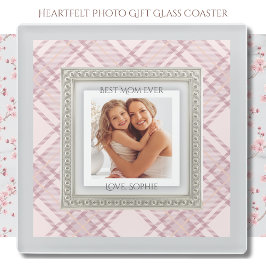 Heartfelt Soft Pink Best Mom Ever Plaid Photo ガラスコースター