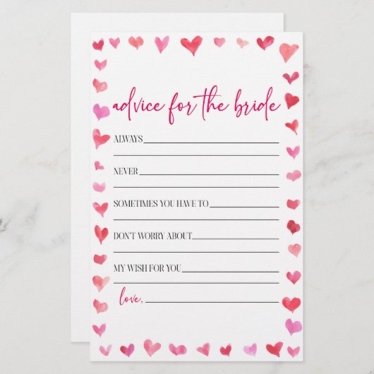 Hearts Advice For The Bride Bridal Shower Game 便箋 (正面/裏面)