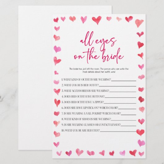 Hearts All Eyes On The Bride Bridal Shower Game  便箋 (正面/裏面)