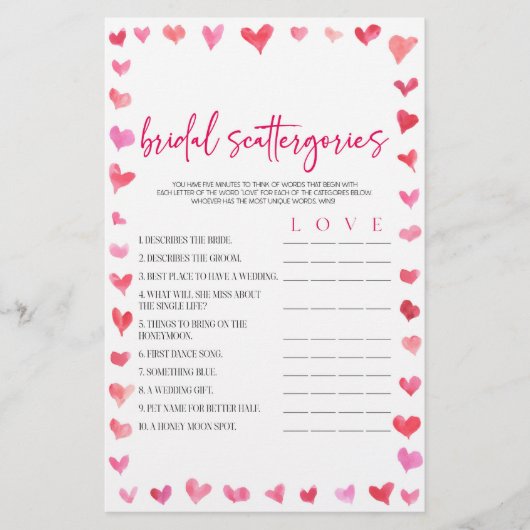 Hearts Bridal Scattergories Bridal Shower Game  便箋 (正面)
