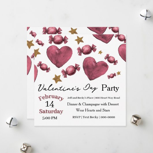 Hearts Candies and Stars Valentine Invitation シーズンカード (正面/裏面インサイチュ)