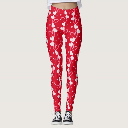 Hearts doodles pattern, Red, Leggings レギンス (正面)