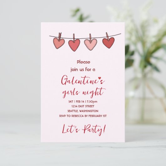 Hearts Galentines Love Pattern Party Invitation 出欠カード (スタンド正面)
