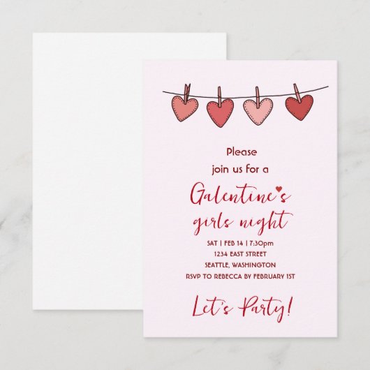 Hearts Galentines Love Pattern Party Invitation 出欠カード (正面/裏面)
