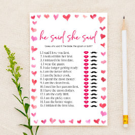 Hearts He Said She Said Bridal Shower Game  便箋