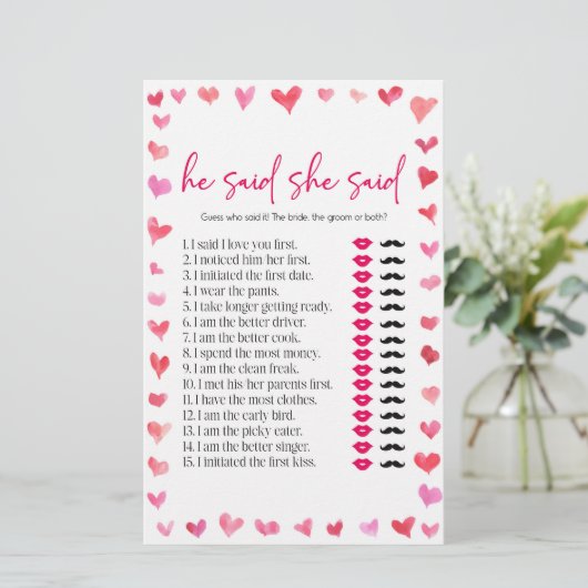 Hearts He Said She Said Bridal Shower Game  便箋 (スタンド正面)