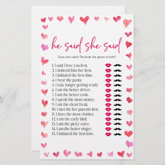 Hearts He Said She Said Bridal Shower Game  便箋 (正面/裏面)
