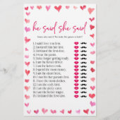 Hearts He Said She Said Bridal Shower Game  便箋 (正面)