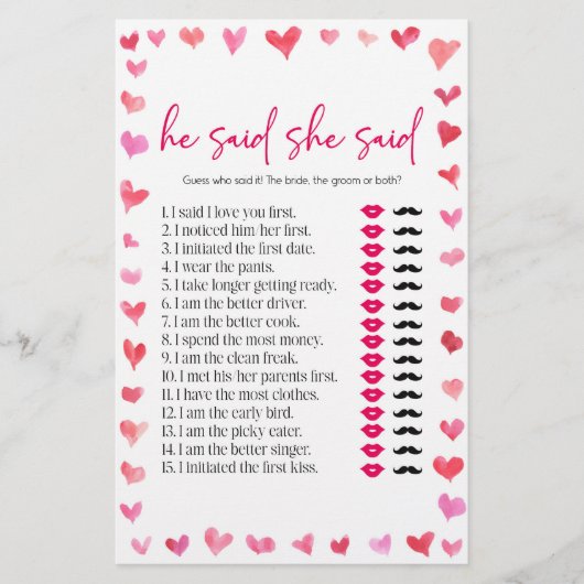 Hearts He Said She Said Bridal Shower Game  便箋 (正面)