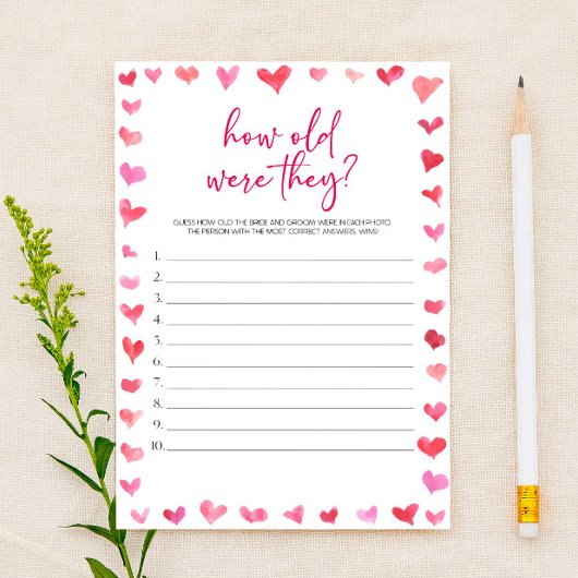 Hearts How Old Were They? Bridal Shower Game  便箋
