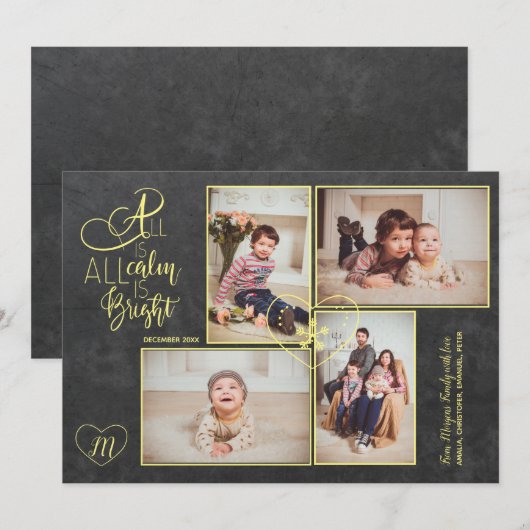 Hearts monogrammed 4 photos Christmas gold script シーズンカード (正面/裏面)