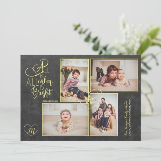 Hearts monogrammed 4 photos Christmas gold script シーズンカード (スタンド正面)