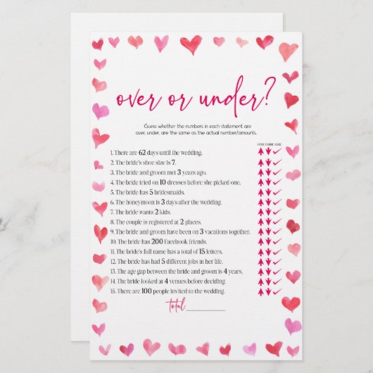 Hearts Over or Under Bridal Shower Game  便箋 (正面/裏面)