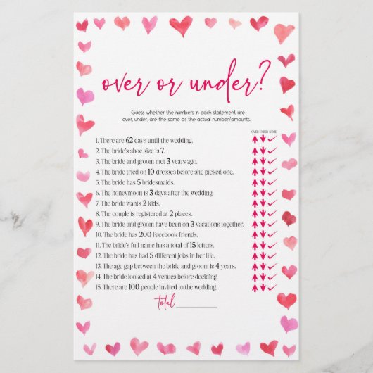 Hearts Over or Under Bridal Shower Game  便箋 (正面)