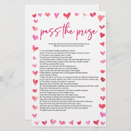 Hearts Pass The Prize Bridal Shower Game  便箋 (正面/裏面)