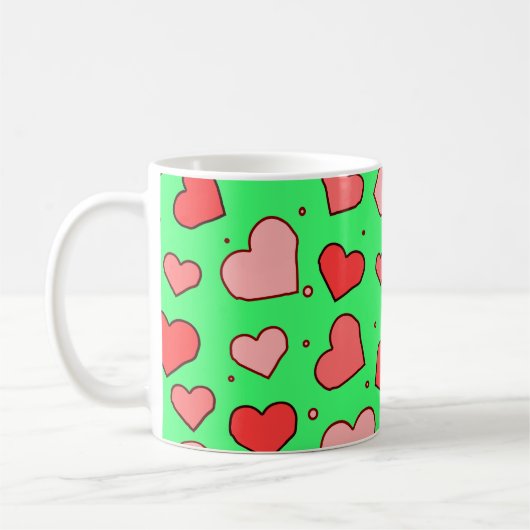 Hearts Seamless Pattern on Green Background  コーヒーマグカップ (左)